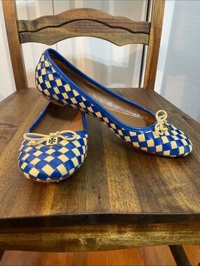 Tory Burch Prescot Cobalt Blue and Cream Woven Check Ballet Flats size 8